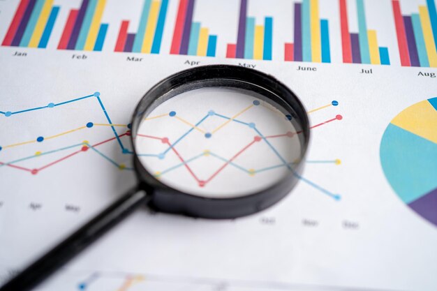 Foto vergrößerungsgläser auf diagrammen grafiken papier finanzielle entwicklung bankkonten statistik investitionen analytische forschung datenökonomie