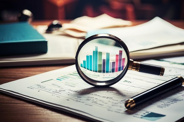 Foto vergrößerungsgläser und dokumente mit analytischen daten, die auf tabellen liegen, selektive fokussierung