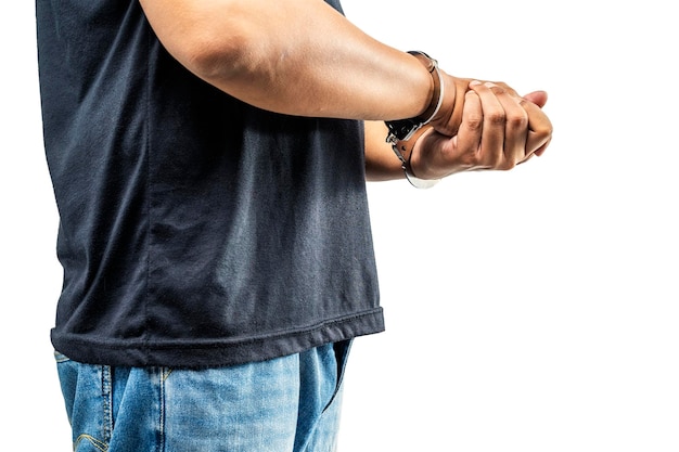 Verhafteter Mann mit Handschellen an der Hand über einem weißen Hintergrund isoliert