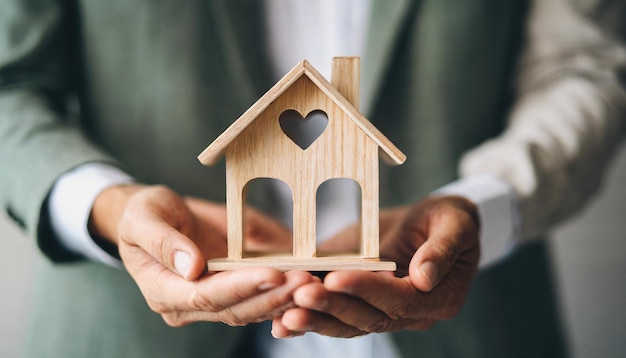 verheiratete Paare halten ein Holzhaus in der Hand, das das Eigentum an einem Haus und die Bestrebungen nach Immobilien symbolisiert