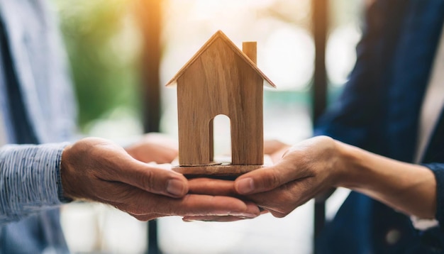 verheiratete Paare halten ein Holzhaus in der Hand, das das Eigentum an einem Haus und die Bestrebungen nach Immobilien symbolisiert