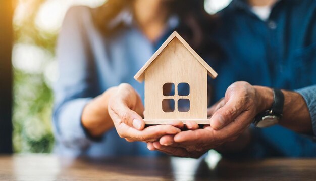 verheiratete Paare halten ein Holzhaus in der Hand, das das Eigentum an einem Haus und die Bestrebungen nach Immobilien symbolisiert