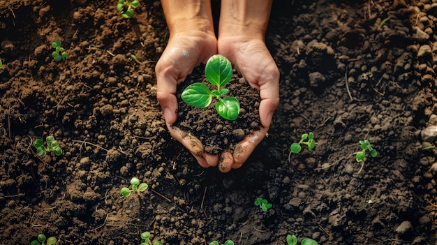 Verificação da qualidade do solo Vista superior de mãos segurando o solo para uma agricultura inteligente Plantas mais saudáveis com alto minerador