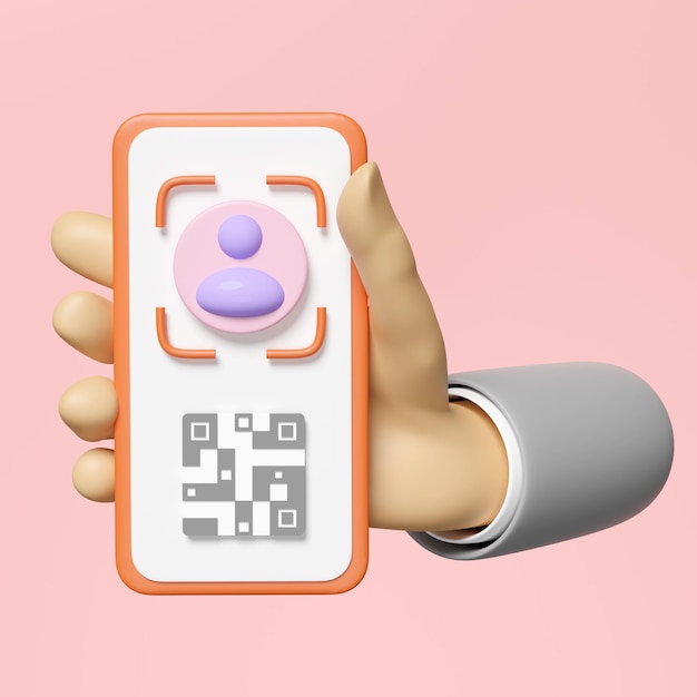 Foto verificação de identidade com rosto scanner de código qr isolado em fundo rosa mão usando telemóvel tela smartphone telemóvel modelo de tela telemóvel mockup 3d render ilustração clipping caminho