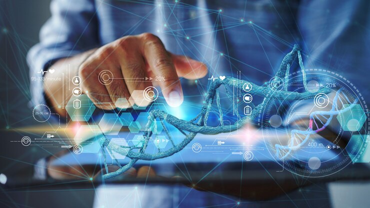 Foto verifique el médico con el análisis del adn del cromosoma genético del ser humano en la interfaz virtual. concepto de ciencia médica, ilustración 3d