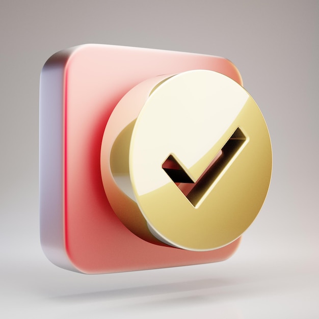 Verifique o ícone do círculo. Símbolo de círculo de verificação dourada na placa de ouro vermelho fosco. Ícone de mídia social renderizado 3D.