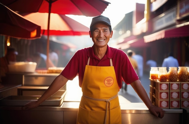 Verkäufer aus Chinatown, ein lokales Unternehmen, ein alter asiatischer Verkäufer, der frische Lebensmittel im Freien in einem Zelt verkauft