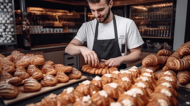 Foto verkäufer stellt köstliche croissants auf den laden