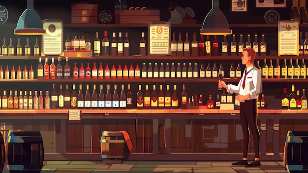 Verkäufer untersucht Getränke im Ladeninterieur mit Alkoholflaschen auf Holzregalen, Zähler, Schreibtisch und Plakat. Moderne Cartoon-Illustration eines Sommelier in einem Weingeschäft, der ein Weinglas hält