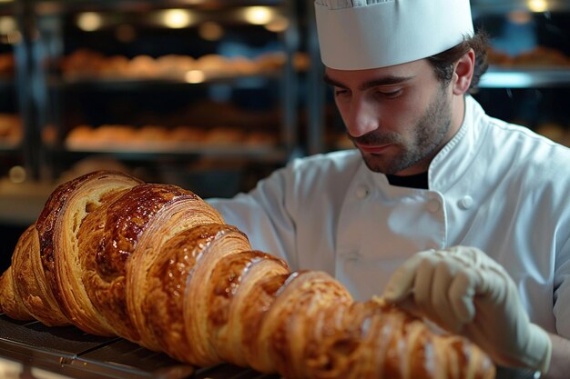 Verkäuferin bereitet Croissant-Tüte vor