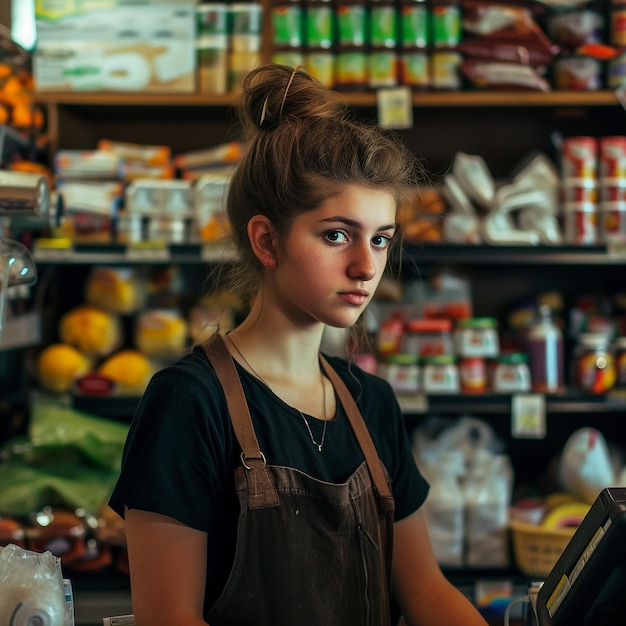 Verkäuferin im Supermarkt, die Milchprodukte und Lebensmittel präsentiert