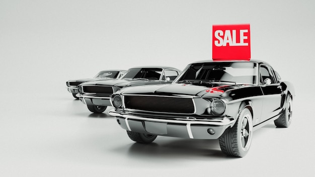 Verkauf von schwarzen Autos und Plakaten. 3D-Rendering und Illustration.