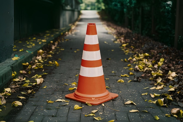 Verkehrskegel auf einem Bürgersteig, der von Blättern umgeben ist