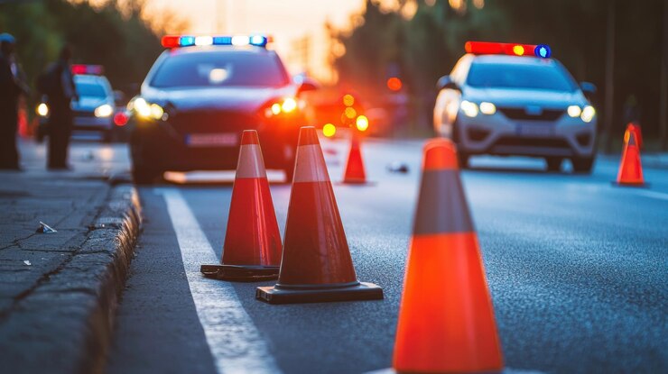 Foto verkehrskegeln umgeben einen autounfallplatz mit polizeifahrzeugen in der nähe