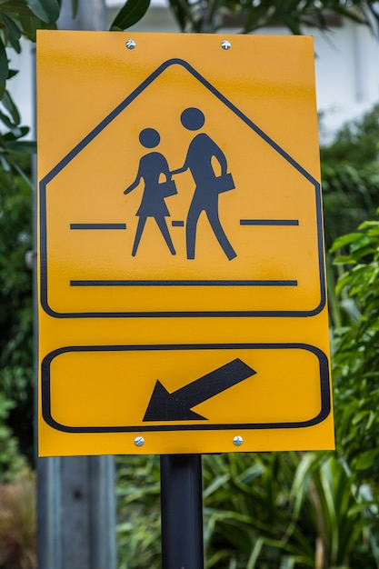 Verkehrsschild Schule Warnzeichen hier mit grünem Blatt Hintergrund