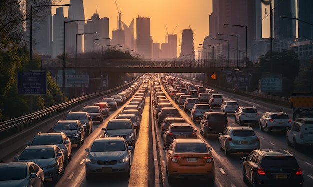 Foto verkehrsstau beim sonnenuntergang