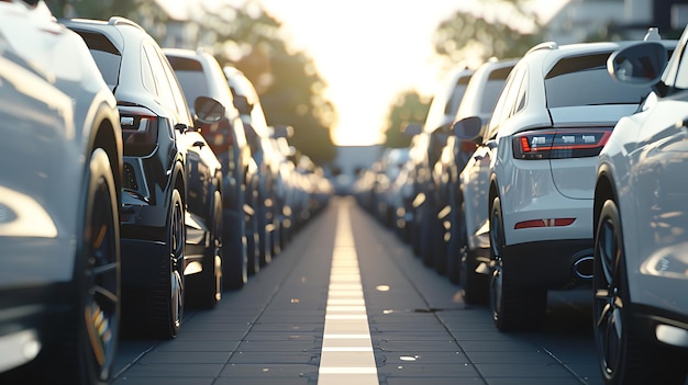 Verkehrsstau mit einer Reihe von Autos bei Sonnenuntergang