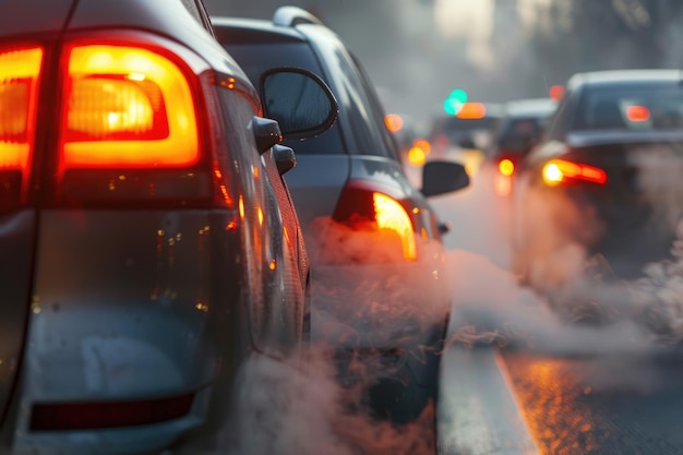 Verkehrsstaus auf Straßen mit Luftverschmutzungsrauch aus Autoabgasrohren