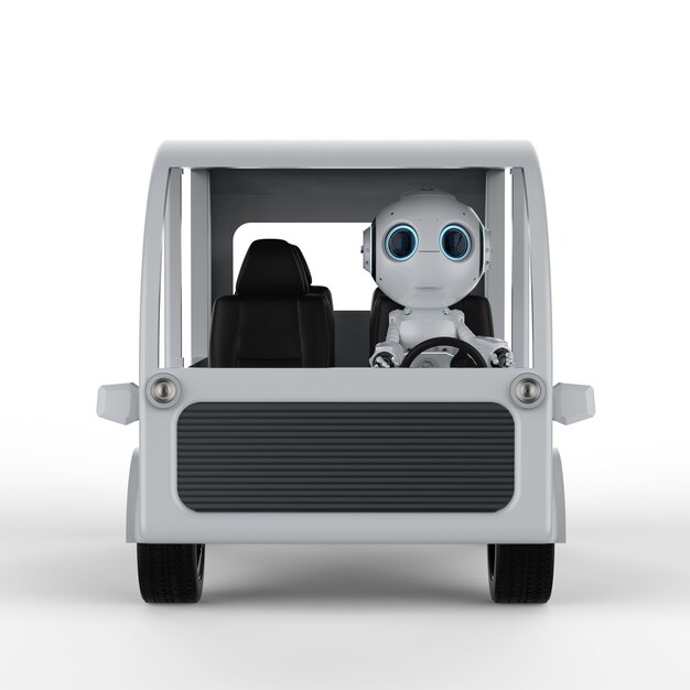 Verkehrstechnikkonzept mit 3D-Rendering-Roboter, der Minibus auf weißem Hintergrund fährt