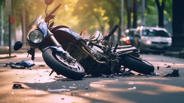 Verkehrsunfall mit dem Motorrad Das gebrochene Fahrrad auf der Straße nach dem Unfall