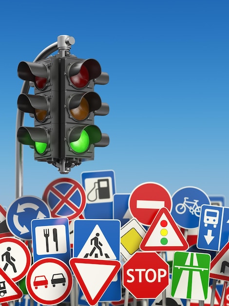 Verkehrszeichen mit Ampeln auf dem Himmelshintergrund. 3D-Darstellung