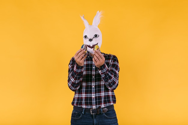 Verkleidete Person in Kaninchenmaske mit kariertem Hemd und Jeans, die Ostereier auf gelbem Hintergrund halten Karnevalsfeier Ostern und Feierkonzept