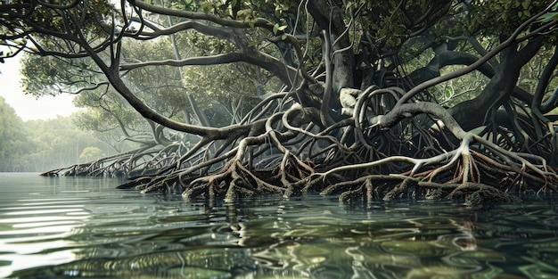 Foto verknüpfte wurzeln ein mangrovennetz, das am wasserrand gedeiht