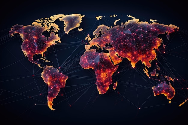 Verknüpfung globaler Netzwerke, veranschaulicht als Karte der Welt, Karte mit globalem Technologie-Netzwerk-Konzept, digitale Datenvisualisierung, Ai-generierte