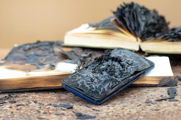 Verkohlte Bücher und ein Handy nach dem Brand