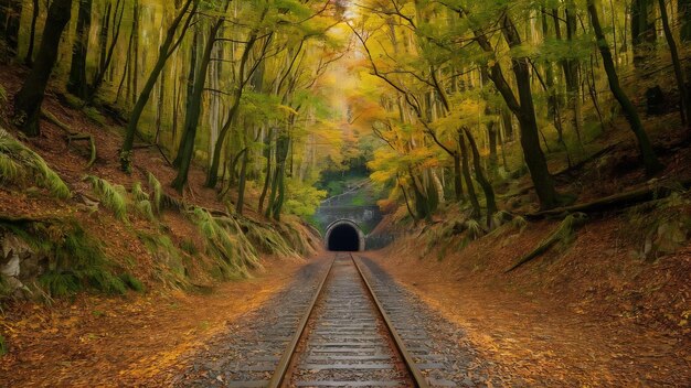 Verlassene Eisenbahn unter herbstfarbigen Bäumen Tunnel