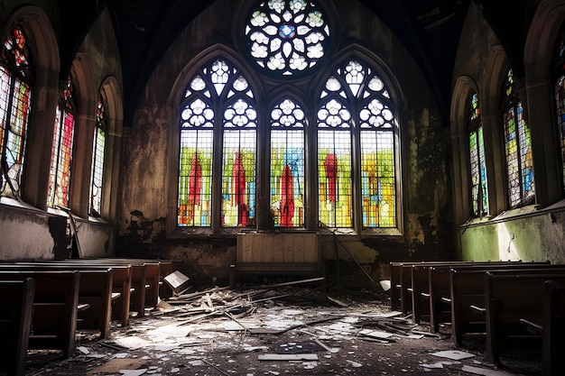 Foto verlassene kirche mit zerbrochenem buntglas