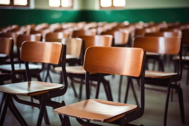 Verlassene Schulräume, leere Holzstühle im Klassenzimmer