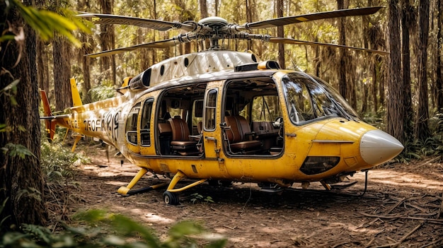 Verlassener Hubschrauber im abgelegenen Wald am Strand