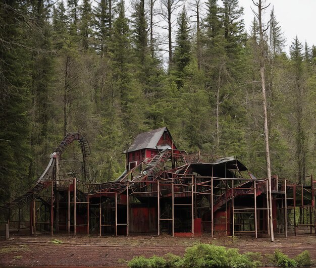 Verlassener Vergnügungspark unheimliche rostige große Metallkonstruktionen