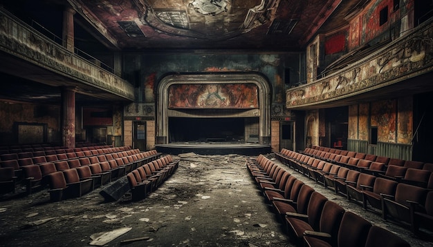 Verlassenes altes Theater, gruselige Bühne, leere Plätze, erzeugt durch KI