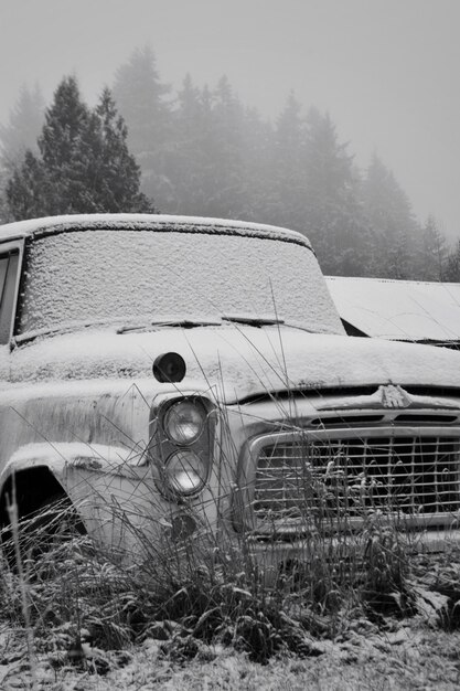 Foto verlassenes auto, das mit schnee gegen bäume bedeckt ist