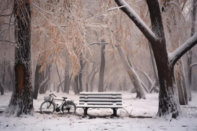 Verlassenes Fahrrad neben einer schneebedeckten Bank im Park, erstellt mit generativer KI