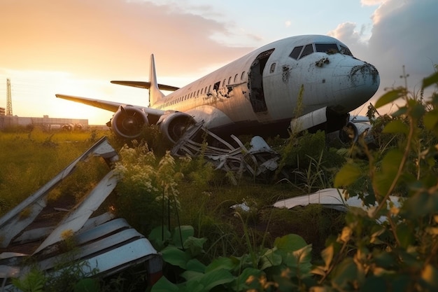 Verlassenes Flugzeug im Feld bei Sonnenuntergang Generative KI