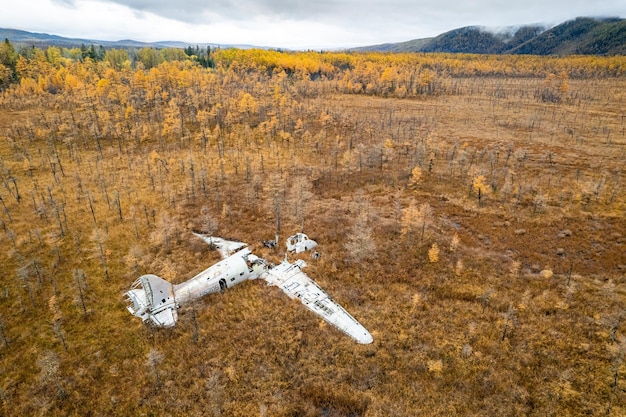 Verlassenes Flugzeugwrack in einem von Lärchen umgebenen Sumpf in Russland