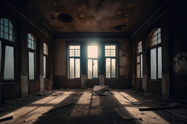 Verlassenes Gebäude, der Mond scheint durch zerbrochene Fenster und Staub schwebt in der Luft