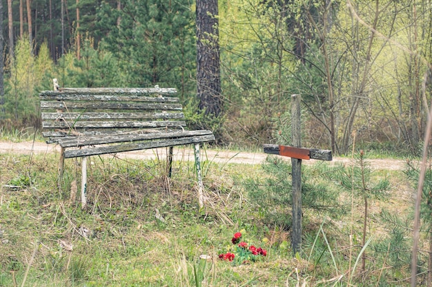 Verlassenes Grab mit altem verwitterten Holzkreuz und Bank auf dem Friedhof Keine Menschen