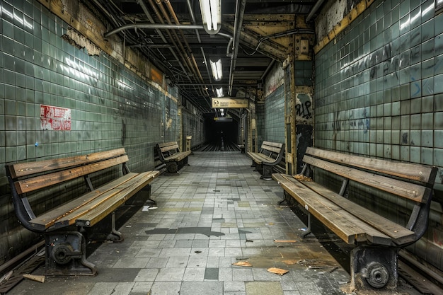 Verlassenes Innenraum einer städtischen U-Bahn-Station mit verlassenen Bänken und alten Fliesenwänden