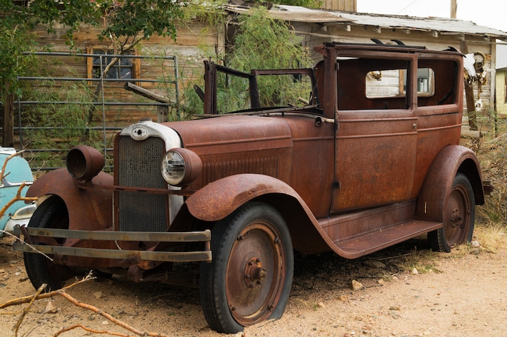Foto verlassenes retro- auto in der berühmten straße der straße 66 in usa.