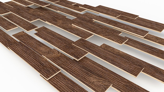 Verlegung von Holzböden zur Befestigung von Parkett auf dem Boden. 3D-Darstellung über den Bau