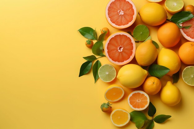 Verleihen Sie Ihrem Sommermarketing einen Hauch von Farbe mit diesem lebendigen Flatlay-Foto von Zitrusfrüchten in der Draufsicht