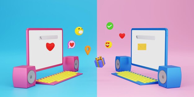 Verliebte Desktop-Computer senden sich gegenseitig Liebesbotschaften und lustige Symbole