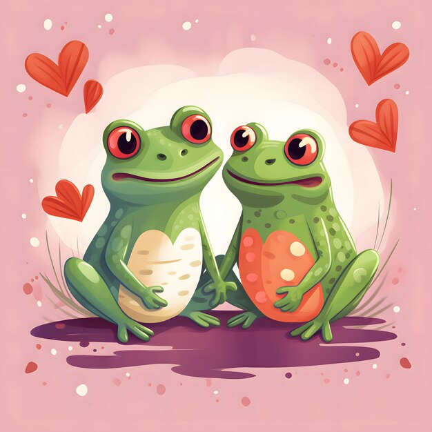 Verliebte Frösche im flachen Stil mit Herzen im Hintergrund Valentinstag