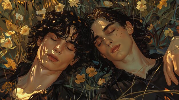 Verliebte Männer liegen auf einem Feld mit Blumen