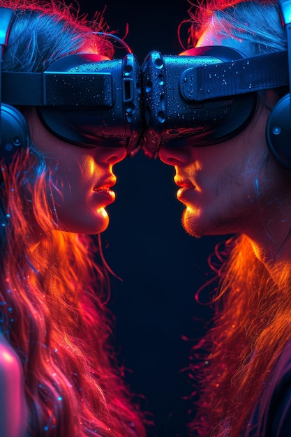 Verliebte Menschen in virtuellen Realitätshelmen nebeneinander