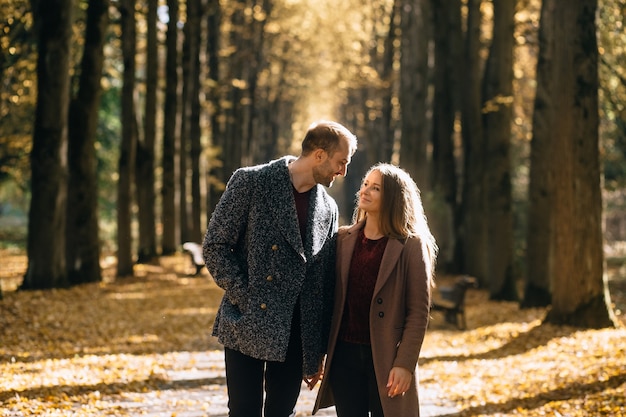 Foto verliebte paare, die im herbst im park händchen haltend spazieren gehen